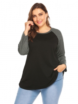 

Black Women O-Neck 3"4 Sleeve Patchwork Casual Baseball T-Shirt Plus Size, Multicolor