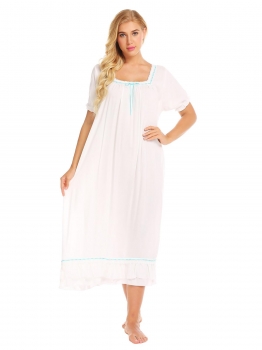 

White Women Sleepwear Short Sleeve Nightgown Square Neckline Ankle length Sleep Dress, Multicolor