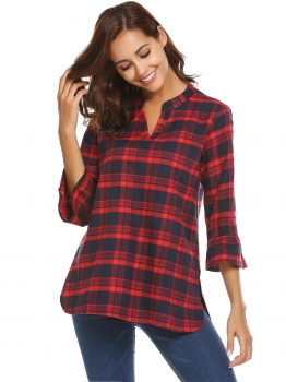 

Red Women's V-Neck Plaid Pullover Blouse Top With Trumpet Sleeves, Multicolor