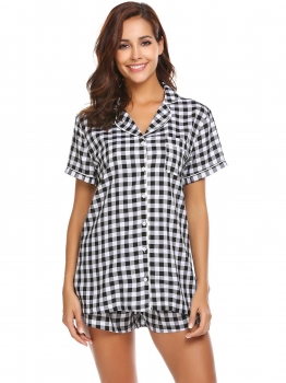

Black Pajama Set Womens Plaid Short Sleeve Sleepwear Soft Lougewear, Multicolor
