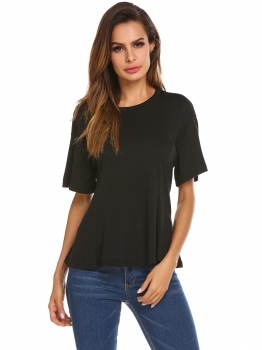 

Black Women O-Neck Short Sleeve Solid Blouse with Back Lace Up Criss Cross Casual Shirt, Multicolor