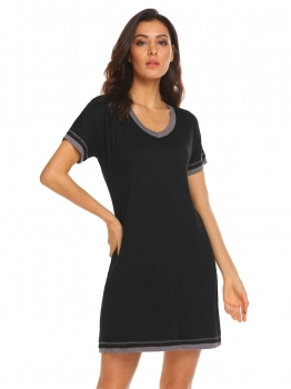 

Black Women V-Neck Short Sleeve Patchwork Loose Nightshirt Nightgown, Multicolor