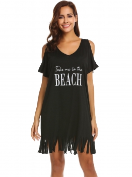 

Black Women Letters Print Swimwear Bikini Cover-ups Cold Shoulder Tassel Beach Dress, Multicolor