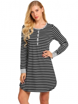 

Black Women Nightwear O-Neck Button Nursing Striped Pregnant Sleepwear Dress, Multicolor