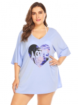 

Blue Women Letters Print Baggy Swimwear V-Neck Bikini Cover up Beach Dress T-Shirt, Multicolor