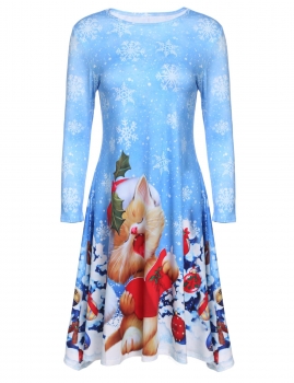 

Fashion Round Neck 3"4 Sleeve Christmas Print A-Line Short Dress, Blue