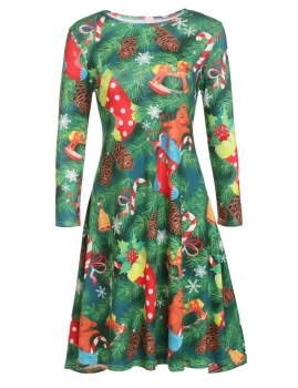 

Women Fashion Round Neck 3"4 Sleeve Christmas Print A-Line Short Dress, Green