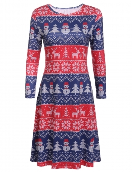 

Round Neck 3"4 Sleeve Christmas Print A-Line Short Dress, Red