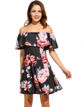 

Women Casual Sleeveless Floral Print Slash Neck Pullover A Line Mini Dress, Multicolor