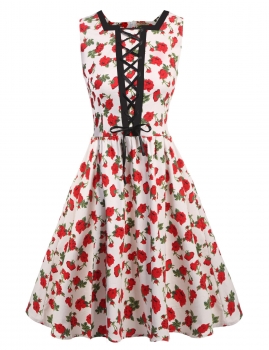 

Women Casual Sleeveless Floral Square Neck Vintage Style Party Dress, Multicolor