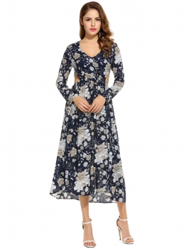 

New Women Sexy V-Neck Long Sleeve Prints Hollow Out Side Split Long Dress, Multicolor
