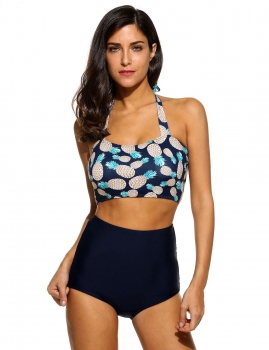 

Women High Waist Pineapple Printing Halter Soft Padding Bikini Set, Multicolor