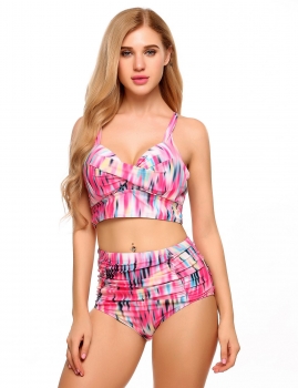 

Cross Back Cut Out Printed Ruched High Waist Bikini Set, Multicolor