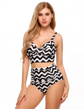 

Black and White Contrast Color Stripes Ruched High Waist Bikini Set, Multicolor