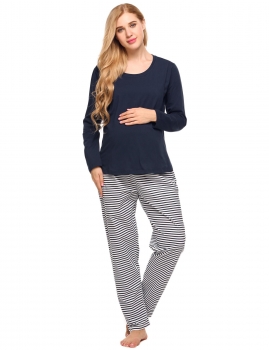 

Dark blue Long Sleeve T-Shirt Striped Bottom Maternity Nursing Pajamas Set, Multicolor