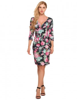 

Surplice Neck Floral Peplum Bodycon Dress, Multicolor