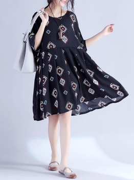 

Batwing Half Sleeve Printed O-Neck Loose Smock Dress, Black