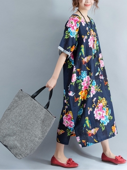 

Half Sleeve Floral Hem Split Loose Shift Dress with Pockets, Dark blue