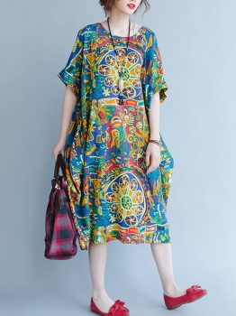 

Half Sleeve O-Neck Print Loose Dress With Pockets, Green