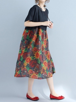 

Floral Patchwork O-Neck Half Sleeve Loose Shift Dress, Black