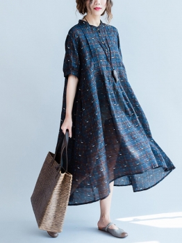

Plaid Button Stand Collar Half Sleeve Loose Shift Dress, Navy blue