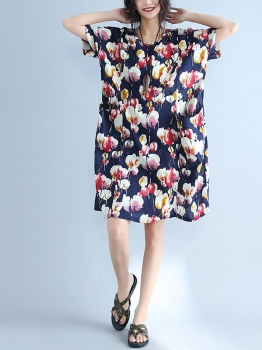 

Floral O-Neck Short Sleeve Loose Shift Dress with Pockets, Multicolor