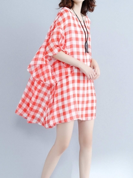 

Red and White Plaid Ruffle Sleeve Vintage Style Large Hem Loose Dress