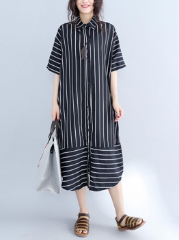 

Stripes Half Sleeve Turn-down Collar Loose Dress, Multicolor