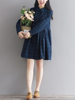 

Doll Neck Long Sleeve Checks Print Smock Dress, Multicolor