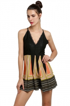 

Spaghetti Strap Lace High Waist Print Patchwork Rompers, Multicolor