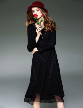 

Black D. FANNI O-Neck Long Sleeve Patchwork Contrast Color Casual Dresses, Multicolor
