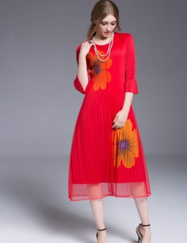 

KK2 Print 3"4 Sleeve Pleated High Elasticity Long Dress, Multicolor