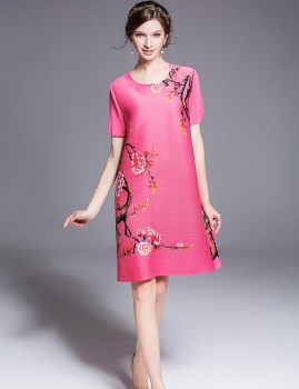 

KK2 Vintage Print Pleated Loose Short Sleeve Dress, Multicolor