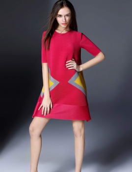 

KK2 Pleated Patchwork Contrast Color Half Sleeve Dress, Multicolor