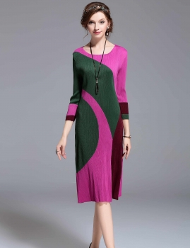 

KK2 Loose Crew Neck 3"4 sleeves Patchwork Short Shift Dress, Multicolor