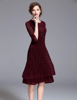 

KK2 O-Neck 3"4 Sleeves Solid High Resilience Midi Dress, Multicolor