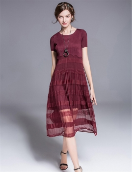 

KK2 See-through Swing O-Neck Pleated Midi Dress, Multicolor