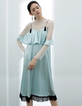 

Spaghetti Strap Ruffles Tassel Trim Knee Length Shift Dress, Multicolor