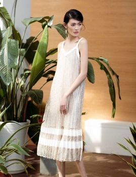 

Spaghetti Strap Metallic Thread Pleated Midi Shift Dress, Multicolor