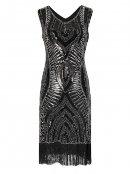 

Silver 1920s Sleeveless Sequin Beads Embellished Fringed Flapper Pencil Party Dress, Multicolor