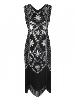 

1920s Vintage Style Sleeveless Sequin Beads Embellished Fringed Pencil Party Dress, Multicolor