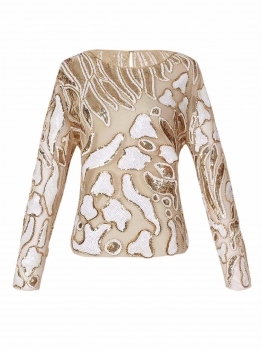 

Apricot Vintage Style O-Neck Long Sleeve Sequin Casual Top, Multicolor