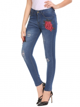 

Women Fashion Casual High Waist Floral Embroidery Frayed Denim Jeans Pants, Multicolor