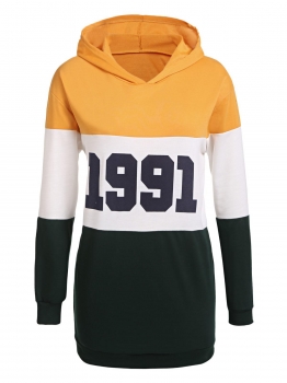 

Yellow Long Sleeve Letter Print Contrast Color Patchwork Hooded Sweatshirt Pullover Hoodie, Multicolor