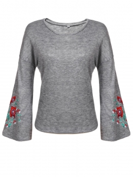 

Gray Drop Shoulder Long Flare Sleeve Floral Embroidery Pullover Knit Top T-Shirt, Multicolor