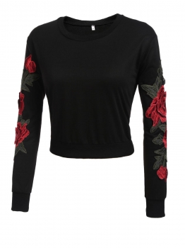 

Black Round Neck Long Sleeve Floral Embroidery Cropped Pullover Sweatshirt, Multicolor