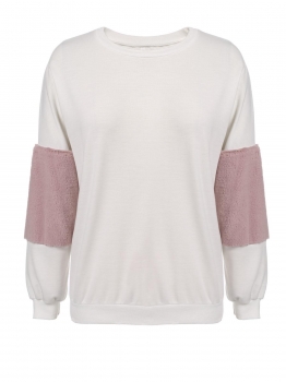 

White Round Neck Plush Long Sleeve Pullover Sweatshirt, Multicolor