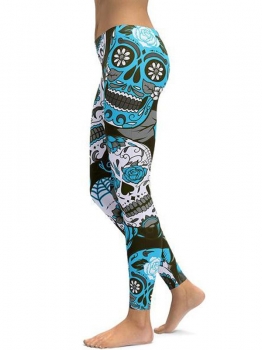 

Blue Mid Waist Floral Printing Fitness Gym Yoga Elastic Leggings, Multicolor