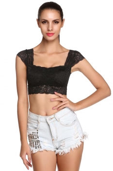 

Sexy Lace Crop Top Camisole Pad Hollow-out Lace Soft Vest Bra for Women Built in Bra bustier Tank Tops, Black