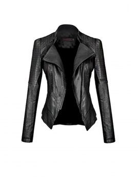 

Long Sleeve Slim Fitted Zip-up Faux Leather Biker Jacket, Multicolor
